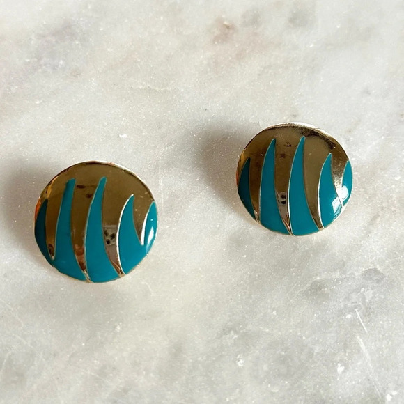 Vintage 80s Earrings Gold Tone Teal Enamel Large Round Disc Studs Statement - Picture 5 of 8